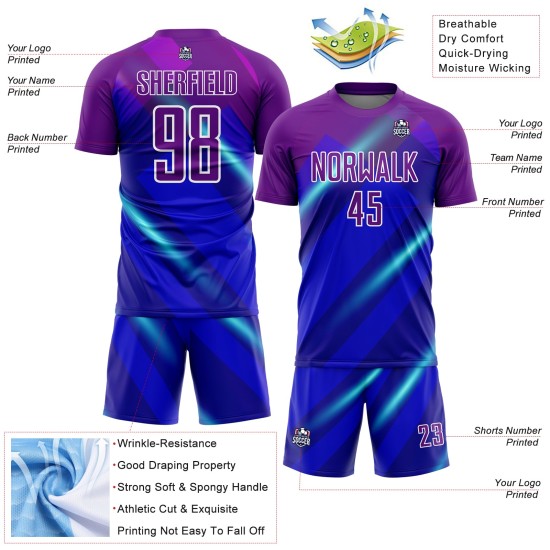 Uniforme personalizado de sublimación de fútbol morado y blanco de Jersey Lines Royal Uniforme personalizado de sublimación de fútbol morado y blanco de Jersey Lines Royal