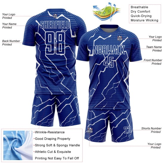 Camiseta personalizada de fútbol Royal Lightning, uniforme blanco de sublimación Camiseta personalizada de fútbol Royal Lightning, uniforme blanco de sublimación
