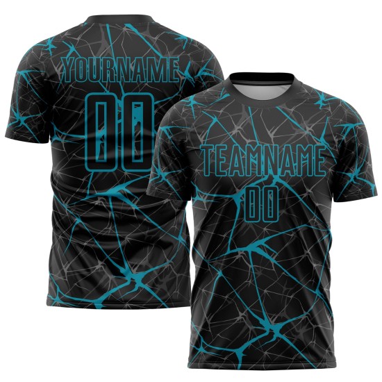 Camiseta de fútbol personalizada de sublimación en color verde azulado y negro Camiseta de fútbol personalizada de sublimación en color verde azulado y negro