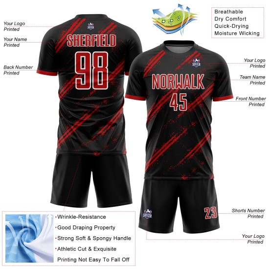 Uniforme de fútbol sublimado personalizado, camiseta negra, roja y blanca Uniforme de fútbol sublimado personalizado, camiseta negra, roja y blanca