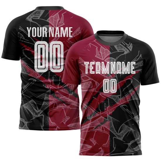 Camiseta de fútbol rasca y gana, uniforme de sublimación, personalizada, con estampado de grafiti en negro y granate.