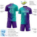Camiseta de fútbol morada personalizada con degradado de línea blanca aguamarina y sublimación Camiseta de fútbol morada personalizada con degradado de línea blanca aguamarina y sublimación