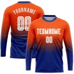 Camiseta de fútbol personalizada de sublimación con mangas en blanco y naranja real, con decoloración larga Camiseta de fútbol personalizada de sublimación con mangas en blanco y naranja real, con decoloración larga