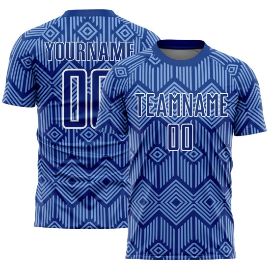 Camiseta de fútbol personalizada con sublimación geométrica, diseño abstracto azul y blanco, con formas reales claras