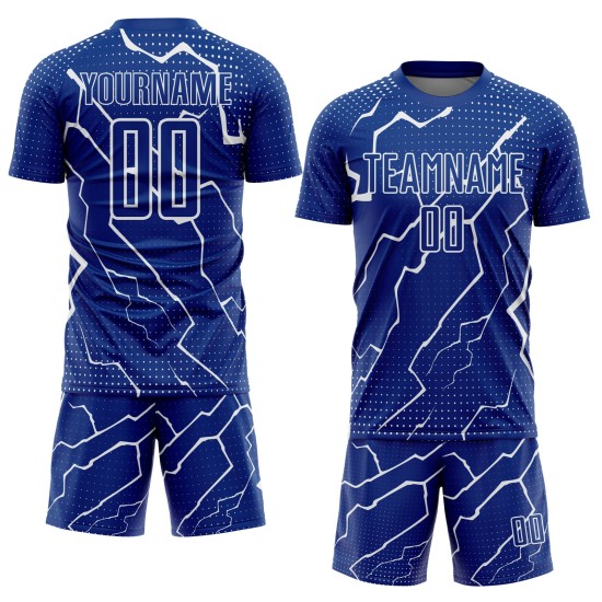 Camiseta personalizada de fútbol Royal Lightning, uniforme blanco de sublimación Camiseta personalizada de fútbol Royal Lightning, uniforme blanco de sublimación