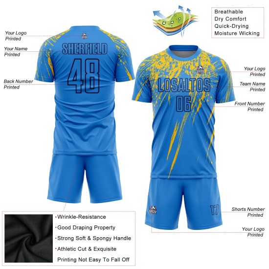 Camiseta personalizada de fútbol con sublimación de polvo azul marino y amarillo Camiseta personalizada de fútbol con sublimación de polvo azul marino y amarillo