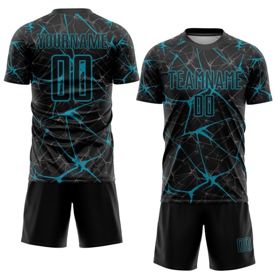 Camiseta de fútbol personalizada de sublimación en color verde azulado y negro Camiseta de fútbol personalizada de sublimación en color verde azulado y negro