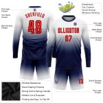 Camiseta de fútbol personalizada blanca con sublimación desvanecida, manga larga, color rojo y azul marino