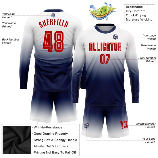 Camiseta de fútbol personalizada blanca con sublimación desvanecida, manga larga, color rojo y azul marino