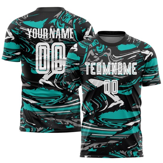 Camiseta Uniforme Blanco-Aqua Sublimación Figura Fútbol Personalizada Camiseta Uniforme Blanco-Aqua Sublimación Figura Fútbol Personalizada