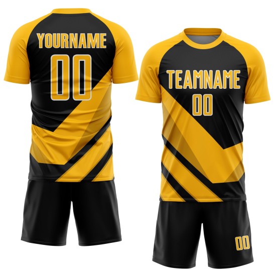 Uniforme de fútbol de sublimación con formas de flecha, camiseta dorada personalizada, negro y blanco