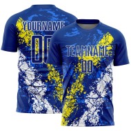 Camiseta de fútbol de sublimación, color amarillo claro y blanco, personalizada, con goteo y arte real, con salpicaduras