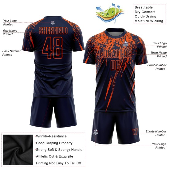 Camiseta de fútbol personalizada de sublimación azul marino naranja Camiseta de fútbol personalizada de sublimación azul marino naranja
