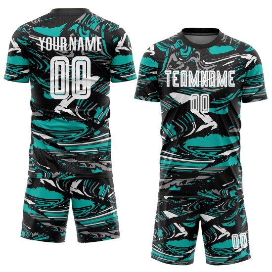 Camiseta Uniforme Blanco-Aqua Sublimación Figura Fútbol Personalizada Camiseta Uniforme Blanco-Aqua Sublimación Figura Fútbol Personalizada