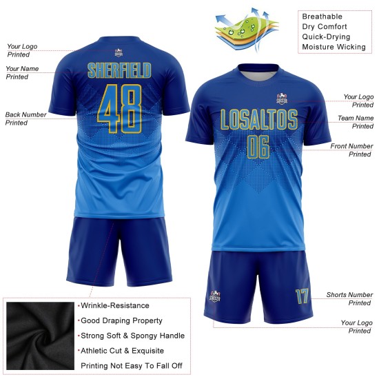 Uniforme de fútbol personalizado por sublimación, camiseta azul real y dorada. Uniforme de fútbol personalizado por sublimación, camiseta azul real y dorada.