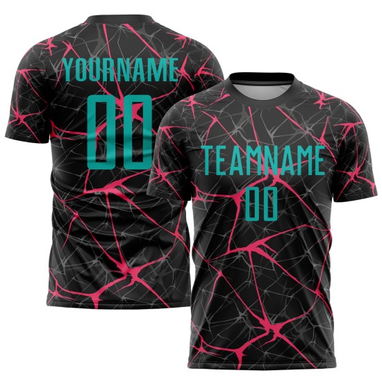 Camiseta de fútbol personalizada de sublimación, color rosa y negro, color agua-neón