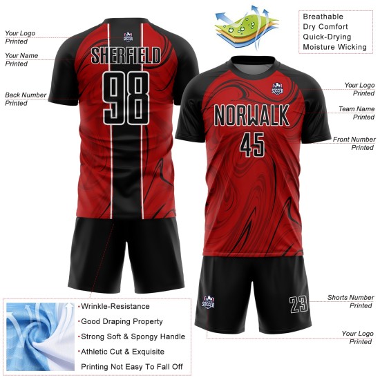 Camiseta de fútbol roja fluida abstracta, negra y blanca, uniforme de sublimación personalizado Camiseta de fútbol roja fluida abstracta, negra y blanca, uniforme de sublimación personalizado