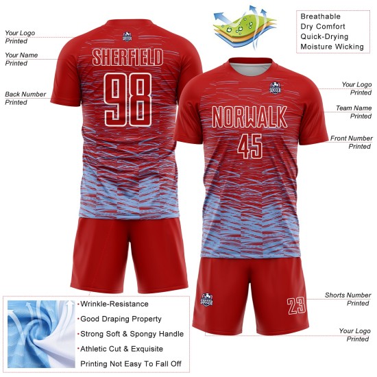 Camiseta de fútbol personalizada por sublimación, uniforme de línea ligera azul y blanca, color rojo